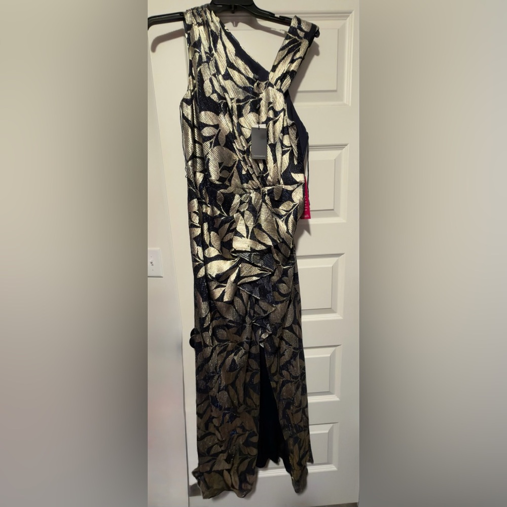 Adrianna Papell Navy and Gold Foil Asymmetric Gown